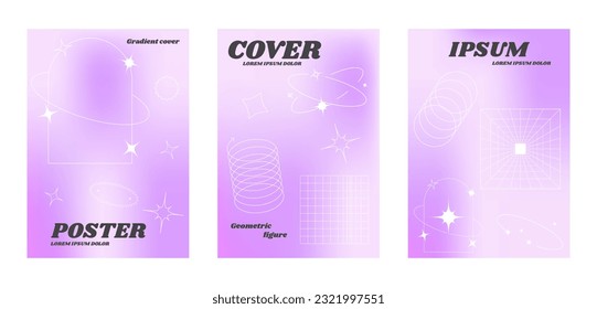 Blurred gradient background with geometric shapes. Y2K trendy color poster set