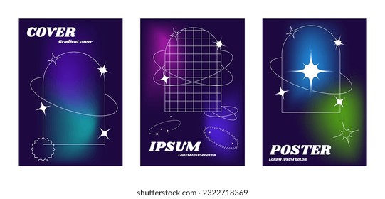 Blurred gradient background with geometric shapes. Y2K poster set with geometric elements. Modern wallpaper design tempate, brutalism inspired. Vector illustration