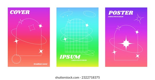 Blurred gradient background with geometric shapes. Y2K poster set with geometric elements. Modern wallpaper design tempate, brutalism inspired. Vector illustration