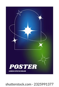 Blurred gradient background with geometric shapes. Y2K poster set with geometric elements. Modern wallpaper design tempate, brutalism inspired. Vector illustration