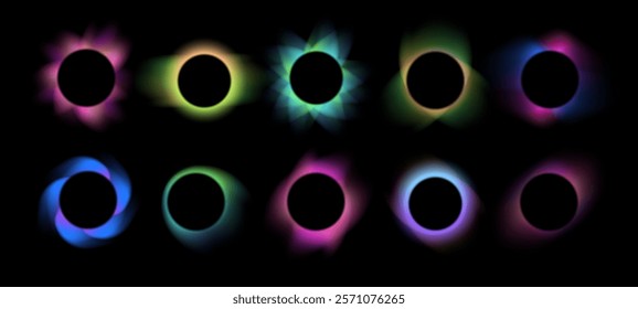 Blurred gradient circle frames. Colorful glowing circular effects, abstract total eclipse with blurry gradient glow and circle with dynamic backlit rays isolated vector set.