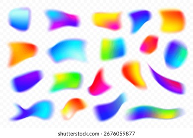 Formas coloridas de gradiente desfocadas no plano de fundo branco. Elementos de vetor de malha líquida fluida com efeito holográfico. Gráfico de gradação de aura suave. Bolhas orgânicas iridescentes brilhantes