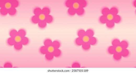 Blurred gradient daisy flowers on vector seamless pattern. Pink with yellow chamomile with aura. Soft blossom plant Y2K aesthetic vector design. Floral bloom decoration