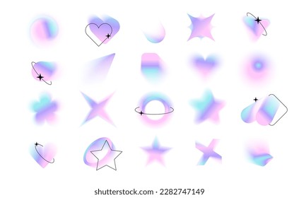 Blurred gradient holographic shapes set and black linear forms   sparkles Big blurry aura aesthetic elements collection in y2k style  Modern minimalist design element and blur effect  eps10 vector