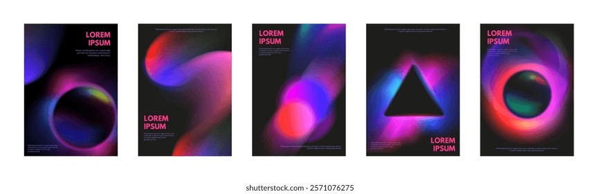 Blurred gradient poster templates. Abstract colorful backgrounds with dynamic light effects, geometric shapes with gradient mesh glow, creative fluid color blends vector set.