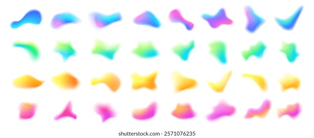 Blurred gradient shape. Gradient mesh colorful liquid blobs, 3D fluid blur spot and dynamic color glow. Abstract blob shapes with smooth blended colors isolated vector set.