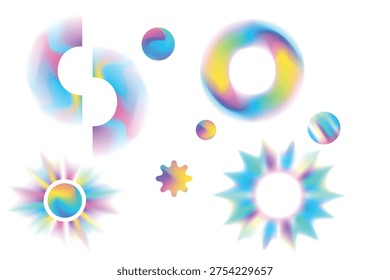Blurred gradient shape set, iridescent blue, pink, yellow smooth gradient magic sphere, neon star, florescent donut shape isolated element, transparent background. Abstract dream glow orb shape.