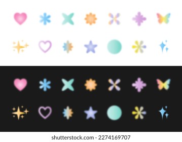 Blurred gradient shapes collections  Abstract blurry elements    heart  flowers  stars   sparkles  Various blurred shapes in vintage style and colorful soft gradients  Vector illustrations 