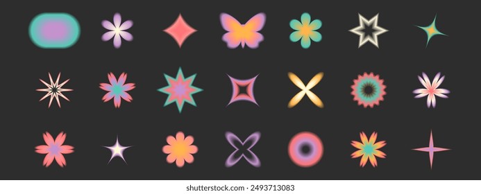 Blurred gradient shapes. Heart, daisy, butterfly, star, flower in trendy retro y2k style. Vector illustration.