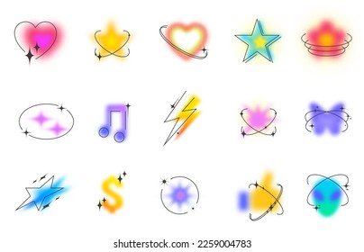 Blurred gradient shapes  Minimalist y2k aesthetic heart  retro butterfly   flower  sparkling star  blurry alien   music icons vector set  Trendy style design elements as lightning  dollar