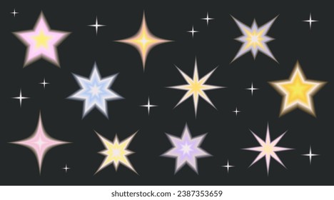 Blurred gradient stars in Y2k style.
Set of mesh blurry unfocused gradient stickers. Abstract geometric shapes in a trendy retro style from 2000.