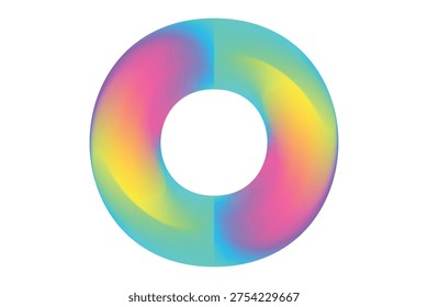 Blurred gradient wavy round shape, iridescent blue, pink, yellow smooth gradient magic sphere, neon florescent donut shape isolated element, transparent background. Abstract dream glow orb shape.