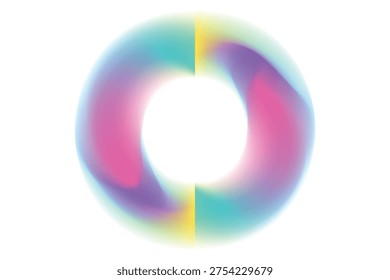 Blurred gradient wavy round shape, iridescent blue, pink, yellow smooth gradient magic sphere, neon florescent donut shape isolated element, transparent background. Abstract dream glow orb shape.