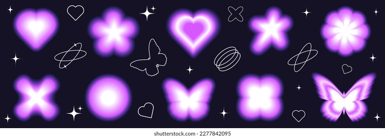 Blurred gradient Y2K sticker set  Modern trendy abstract shapes  Heart  butterfly  star  flower  Vector illustration and vibes 90s    2000s 