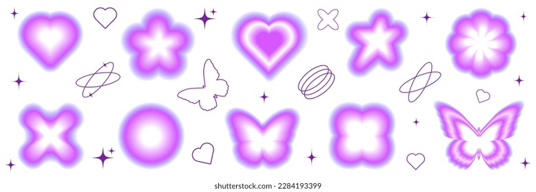 Blurred gradient Y2K sticker set. Modern trendy abstract shapes. Heart, butterfly, star, flower. Vector illustration with vibes 90s - 2000s.