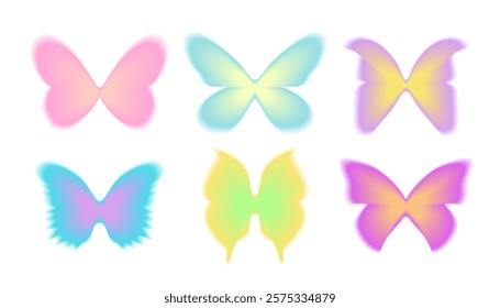 Blurred gradient Y2K sticker set of butterfly. Abstract vector art 90s - 2000s style