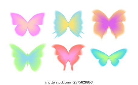 Blurred gradient Y2K sticker set of butterfly. Abstract vector art 90s - 2000s style