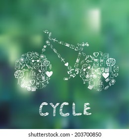 Blurred grass and hand drawn cycle, label on the background of nature view. Web,mobile interface template, website template. Blur backdrop and badge with cycle. Ecological and green. Vector
