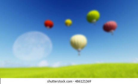 Blurred Grass landscape Background Moon balloons and spring green meadow. Nature composition. Vector image
