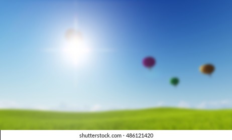 Blurred Grass landscape Background Moon balloons and spring green meadow. Nature composition. Vector image