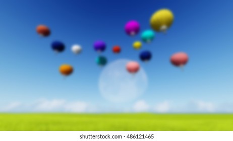 Blurred Grass landscape Background Moon balloons and spring green meadow. Nature composition. Vector image