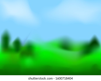 Blurred green field with trees background. Vector stock illustration for card