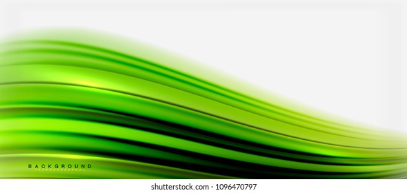 Fondo de color de fluido verde borroso, líneas de ondas abstractas, mezcla de colores con efectos de luz sobre el fondo de la luz. Ilustración artística vectorial para presentación, fondo de pantalla de aplicación, pancarta o afiches