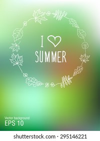 Blurred green summer vector background with hand-drawn elements. Portrait format.