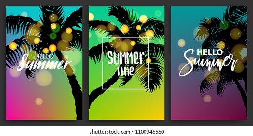 Blurred greeting hello summer time banner. Vintage retro vacation poster. Set season advertise sale vector backgrounds. Sunset, sunrise tropical travel paradise. Relaxing tourism bokeh poster.