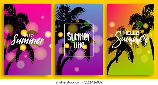Blurred greeting hello summer time banner. Vintage retro vacation poster. Set season advertise sale vector backgrounds. Sunset, sunrise tropical travel paradise. Relaxing tourism bokeh poster.