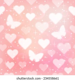 Blurred heart and butterfly seamless pattern. Vector illustration.