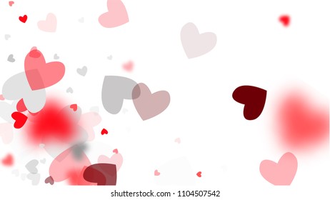  Blurred Hearts Background for your Design. Many Random Falling Hearts.  Valentines Background for Greeting Card, Invitation, Banner, Wallpaper, Flyer. Vector illustration.