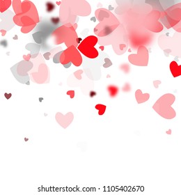  Blurred Hearts Background for your Design. Many Random Falling Hearts.  Valentines Background for Greeting Card, Invitation, Banner, Wallpaper, Flyer. Vector illustration.