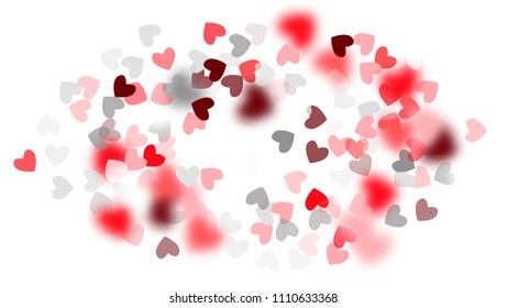  Blurred Hearts Background for your Design. Many Random Falling Hearts.  Valentines Background for Greeting Card, Invitation, Banner, Wallpaper, Flyer. Vector illustration.