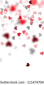  Blurred Hearts Background for your Design. Many Random Falling Hearts.  Valentines Background for Greeting Card, Invitation, Banner, Wallpaper, Flyer. Vector illustration.