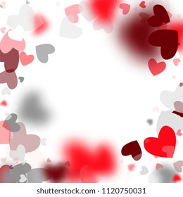  Blurred Hearts Background for your Design. Many Random Falling Hearts.  Valentines Background for Greeting Card, Invitation, Banner, Wallpaper, Flyer. Vector illustration.