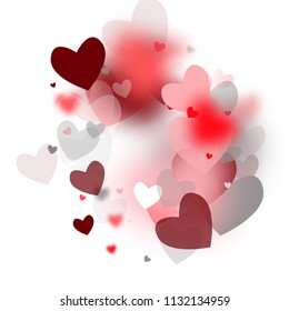  Blurred Hearts Background for your Design. Many Random Falling Hearts.  Valentines Background for Greeting Card, Invitation, Banner, Wallpaper, Flyer. Vector illustration.