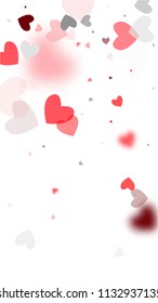  Blurred Hearts Background for your Design. Many Random Falling Hearts.  Valentines Background for Greeting Card, Invitation, Banner, Wallpaper, Flyer. Vector illustration.