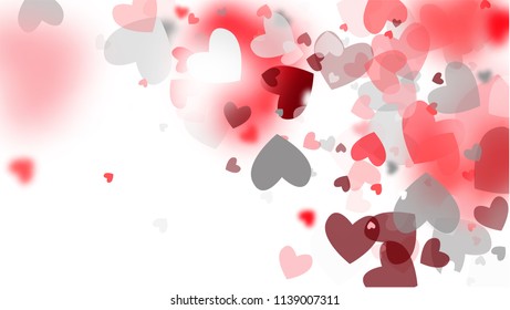  Blurred Hearts Background for your Design. Many Random Falling Hearts.  Valentines Background for Greeting Card, Invitation, Banner, Wallpaper, Flyer. Vector illustration.