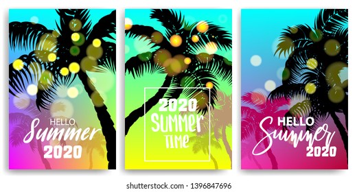 Blurred hello summer time 2020 banner. Retro vacation poster. Set season advertise sale vector backgrounds. Sunset, sunrise tropical travel paradise. Relaxing tourism bokeh poster.