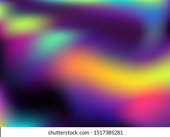 Blurred hologram texture gradient wallpaper. Magic neon party graphics background. Hologram colors liquid background. Psychedelic hologram neon glitch texture vector backdrop.