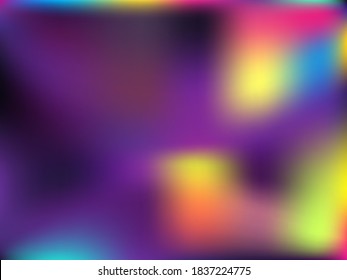 Blurred hologram texture gradient wallpaper. Magic neon party graphics background. Hologram colors liquid background. Blurry hologram neon glitch texture vector backdrop.