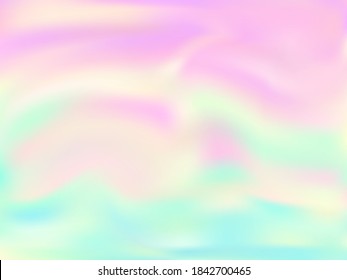 Papel de pared de gradiente de textura holográfica borrosa. Opalescencia fondo de unicornio color arcoiris pastel. Los colores líquidos salpican el fondo. Fondo vectorial de textura de neón holograma futurista.