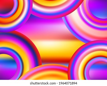 Blurred hologram texture gradient wallpaper with circle shapes. Neon party graphics background. Liquid colors splash background. Glowing hologram neon glitch texture vector backdrop.