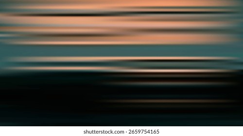 Linhas horizontais borradas em azul-petróleo, preto e pêssego criam uma imagem abstrata evocando um horizonte sereno ou um pôr do sol suave com gradações suaves de cores e mudanças de tons sutis