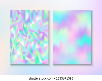 Blurred Invitation, Corporate Identity Vector Texture Set. Fairy Pearlescent Cover, Blank Paper, Teal. Chrome Certificate. Hologram Gradient Overlay. Invitation, Corporate Identity Background.