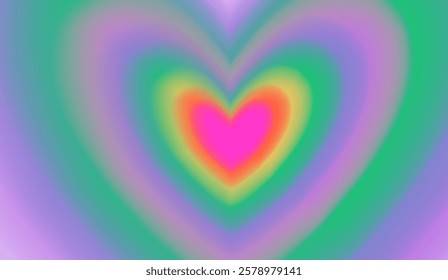 Blurred iridescent background with concentric heart shapes, trendy aesthetic y2k aura style design template. Modern minimalistic blurred gradient with hearts.