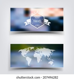 Blurred landscape background card. Travel concept with earth map. Mobile or web ui element. Web site header.