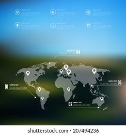 Blurred landscape background. Travel concept with earth map. Mobile or web ui element. Web site header.