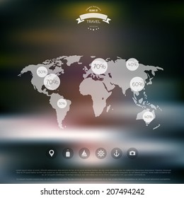 Blurred landscape background. Travel concept with earth map. Mobile or web ui element. Web site header.